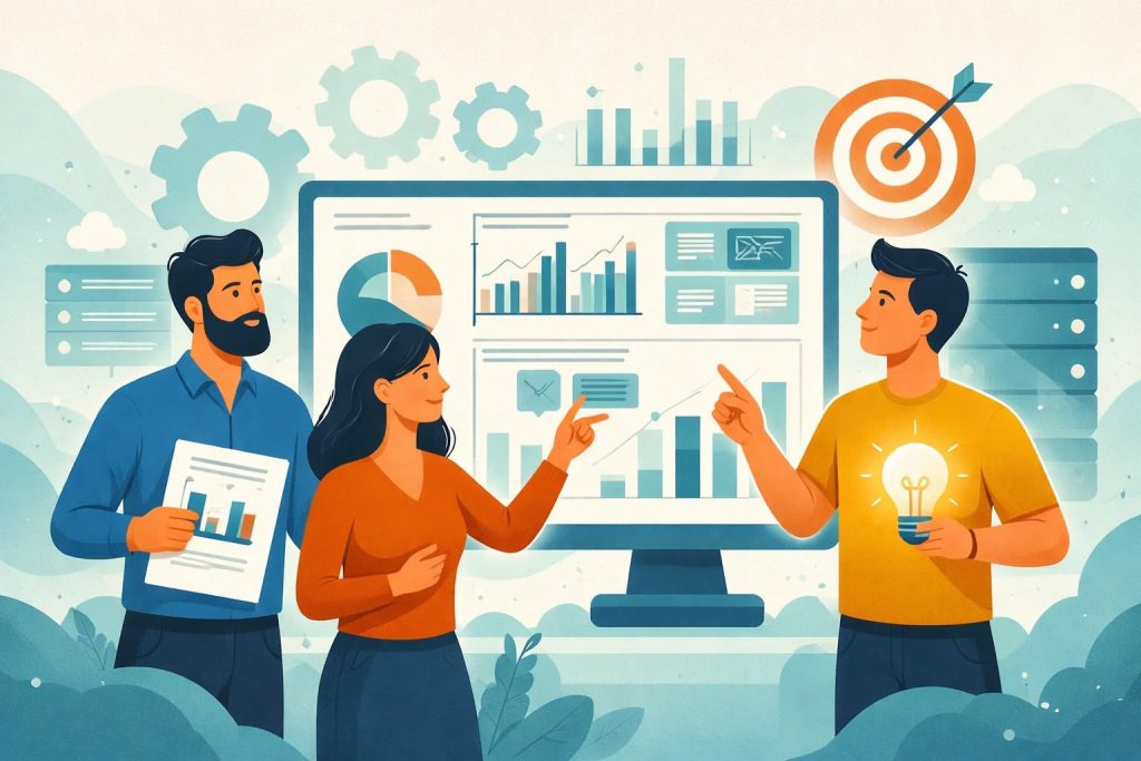 Three people looking at a large screen with graphs and charts